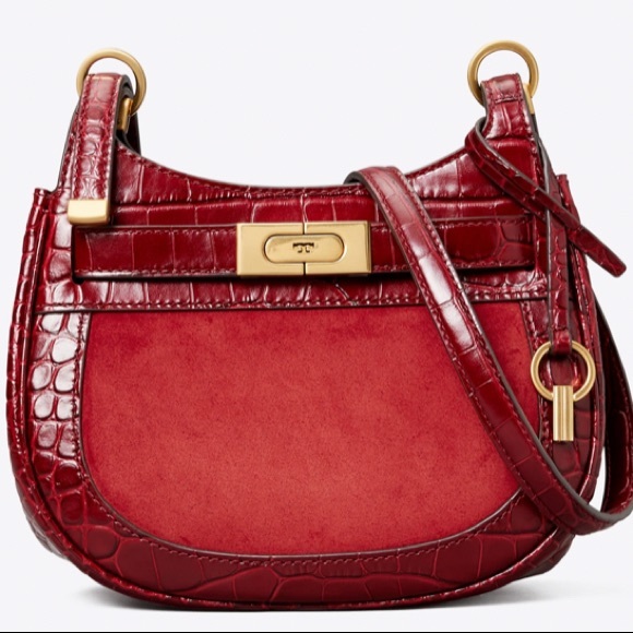 TORY BURCH LEE RADZIWILL SADDLE BAG CROC EMBOSSED LEATHER & SUEDE IN ROMA RED - Picture 6 of 13